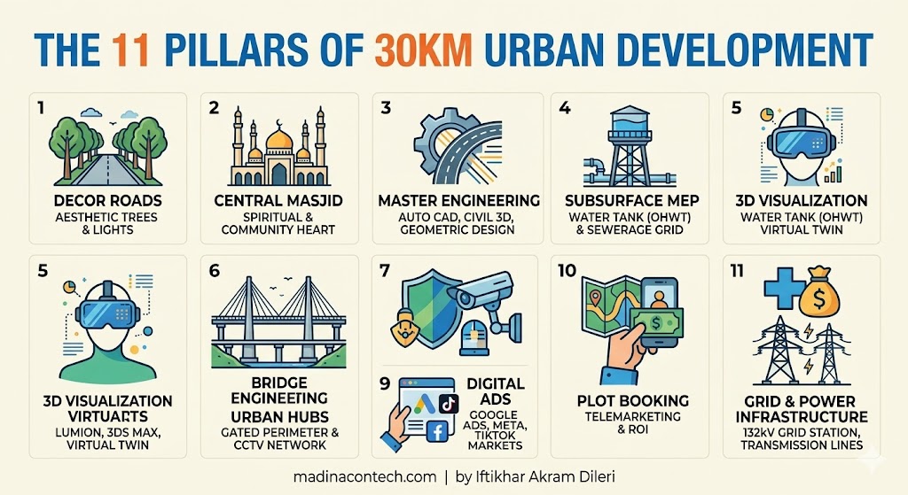 "Building a 30km project is a journey of a thousand technical details. Let Madinacontech be your partner in turning these blueprints into a living reality. Contact Iftikhar Akram Dileri today for professional consultancy."