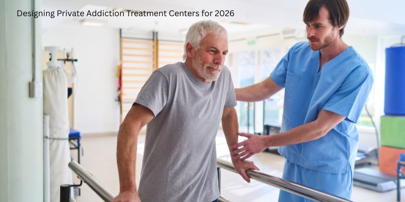 Luxury private addiction treatment center interior with warm lighting and comfortable seating areas