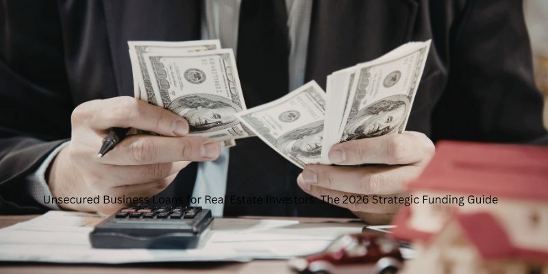 Real estate investor reviewing unsecured business loan approval on laptop showing funding dashboard