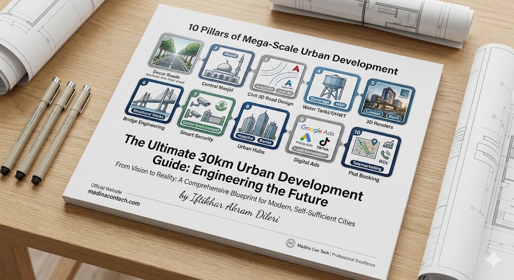 Infrastructure: "Mega-scale urban development," "Integrated MEP solutions," "Sustainable town planning." Technical: "Civil 3D geometric design," "Seismic-resistant structures," "Underground electrification." Commercial: "High ROI investment plots," "Gated community security," "Prime