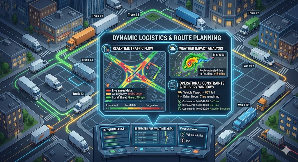 Construction Logistics Planning (integrating real-time traffic data next to a building site with cranes).