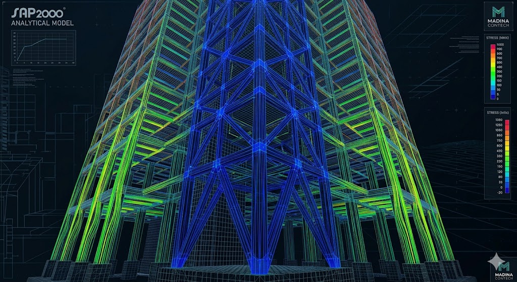 "A dramatic low-angle visualization looking up into a complex, color-coded SAP2000 analytical model of a multi-story building framework designed by Madina Construction Technologies. The image clearly traces seismic force distribution paths in radiating deep blue from the foundation, while concurrent gravity loads appear in flowing green and yellow, emphasizing the engineering core's strength and stability."