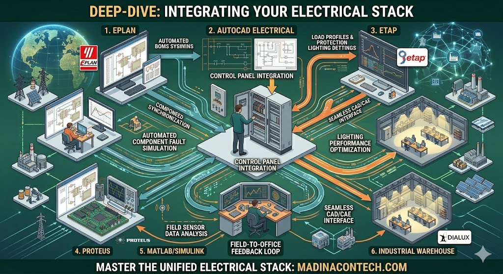"Infographic titled 'Deep-Dive: Integrating Your Electrical Stack,' illustrating an interconnected technical ecosystem where data from SolidWorks, EPLAN, and AutoCAD flows seamlessly into ETAP power simulations, Proteus PCB modeling, and Dialux lighting designs. The visualization highlights unified control panel integration, automated component synchronization, predictive fault simulation, and a field-to-office feedback loop, emphasizing the synergistic command of modern electrical engineering tools."