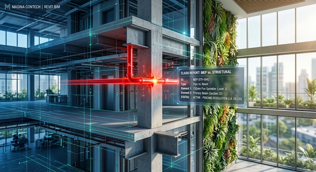 "A detailed Revit building model cross-section, illustrating an Intelligent BIM & Clash Detection result where an MEP pipe (red) is highlighted improperly penetrating a structural concrete beam (gray). A floating data overlay panel identifies the conflict and tracks its 'ACTIVE' status for resolution by Iftikhar Akram Dileri. The model integrates biophilic elements like a lush green wall and optimized natural lighting through large windows."