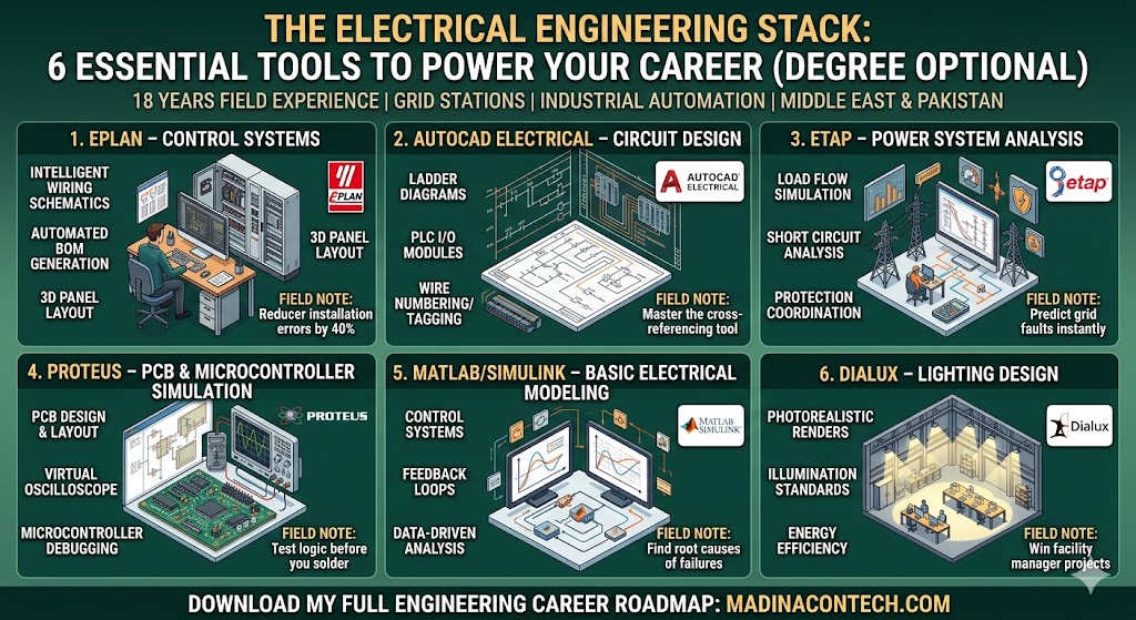"Infographic titled 'The Electrical Engineering Stack: 6 Essential Tools to Power Your Career,' illustrating a professional workflow including EPLAN, AutoCAD Electrical, ETAP, Proteus, MATLAB, and Dialux, with 'Degree Optional' and '18 Years Field Experience' highlighted as key success factors."