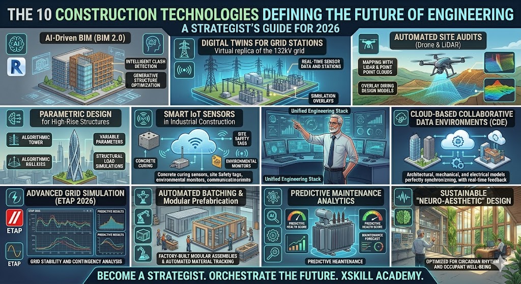 AI-Driven BIM (Building Information Modeling 2.0)Digital Twins for Grid Stations

Automated Site Audits (Drone & LiDAR Scanning)

Parametric Design for High-Rise Structures

Smart IoT Sensors in Industrial Construction

Cloud-Based Collaborative Data Environments (CDE)

Advanced Grid Simulation (ETAP 2026)

Automated Batching & Modular Prefabrication

Predictive Maintenance Analytics

Sustainable "Neuro-aesthetic" Design