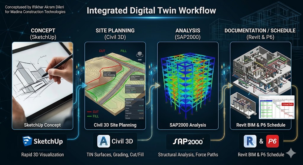 "A dynamic civil engineering infographic titled 'Integrated Digital Twin Workflow,' mapping the seamless flow of data across four stages: SketchUp for Concept design, Civil 3D for Site Planning and earthwork analysis, SAP2000 for Structural Analysis, and finally a combined Revit BIM and P6 Project Schedule view for complete Documentation. The process is visualized with glowing digital flow lines connecting the software models, illustrating Madina Construction Technologies' integrated systems approach."