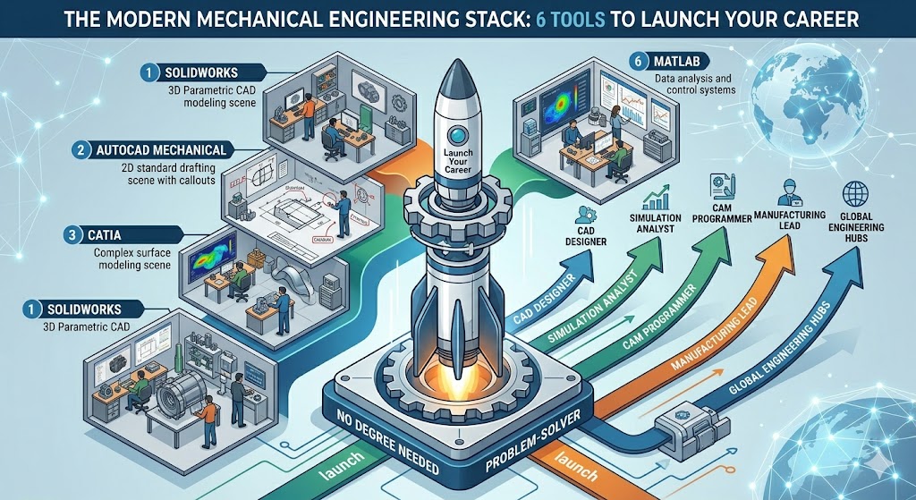 "Infographic titled 'The Modern Mechanical Engineering Stack: 6 Tools to Launch Your Career,' showing a rocket launch platform fueled by engineering tools like SolidWorks, AutoCAD, CATIA, and MATLAB, depicting a path from student to professional roles like CAD Designer and Simulation Analyst, emphasizing 'No Degree Needed.'"