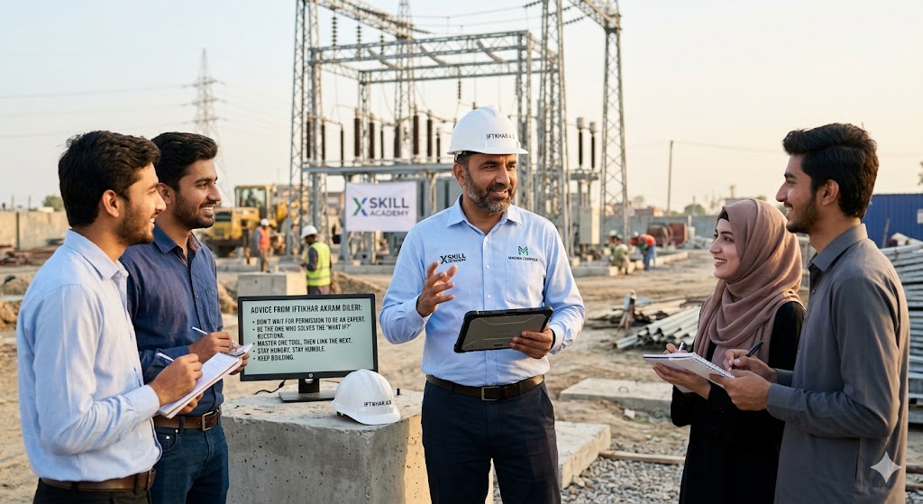 "Iftikhar Akram Dileri, Founder of Xskill Academy and Madina Construction Technologies, providing professional mentorship to a group of young aspiring engineers at an active grid station construction site. He is holding a tablet and gesturing during a field consultation, with a signage board visible in the background featuring the 'Advice from Iftikhar Akram Dileri' mission statement. The scene captures the essence of hands-on, expert-led engineering education and real-world construction site training."