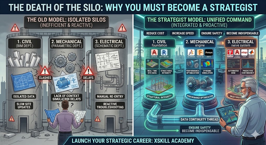 "Infographic titled 'THE DEATH OF THE SILO: WHY YOU MUST BECOME A STRATEGIST,' featuring a split-screen comparison. The left side, 'The Old Model: Isolated Silos,' depicts three crumbling industrial silos representing Civil, Mechanical, and Electrical departments plagued by 'Clashes,' 'Delays,' and 'Manual Re-entry.' The right side, 'The Strategist Model: Unified Command,' shows an integrated, high-tech command center where a Lead Strategist uses a tablet to oversee a 'Data Continuity Thread' that links Civil, Mechanical, and Electrical systems. The visual emphasizes transitioning from reactive troubleshooting to a proactive, cost-efficient workflow branded for Xskill Academy."