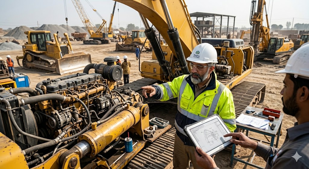 "Professional mechanical engineer wearing a hard hat and high-visibility jacket, reviewing technical 3D CAD schematics on a rugged tablet while supervising heavy machinery at an industrial construction site."