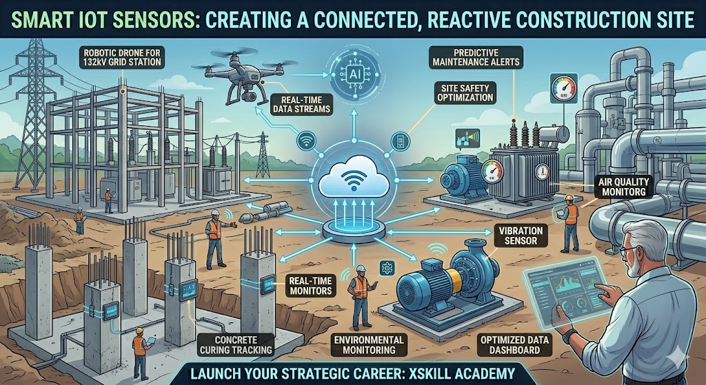 Infographic titled "Smart IoT Sensors: Creating a Connected, Proactive Construction Site," showing a Lead Strategist monitoring real-time data from concrete curing, industrial vibration sensors, and drone streams on a tablet. The graphic illustrates a unified cloud-based ecosystem for site safety, predictive maintenance, and environmental monitoring, branded for Xskill Academy.