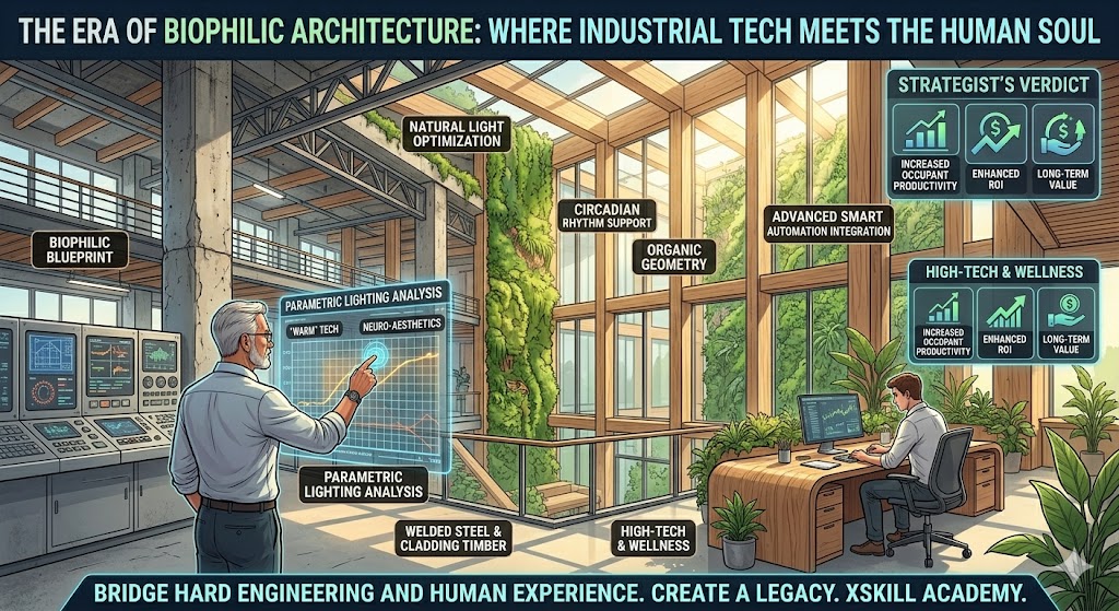 Use this for your image: "Modern interior design showcasing Biophilic Architecture, blending exposed industrial steel beams with warm, natural timber and abundant daylight for a human-centric industrial workspace."