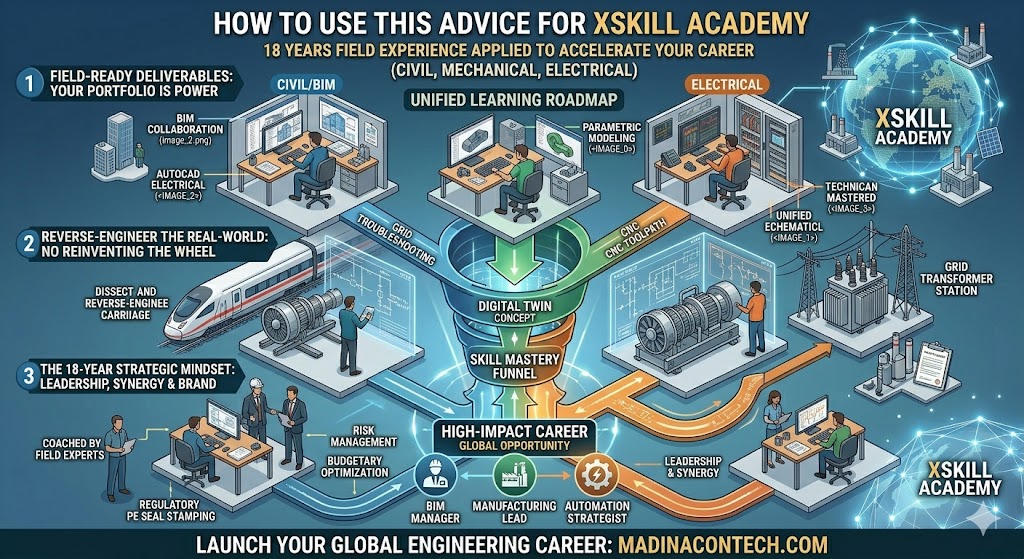 "Infographic titled 'HOW TO USE THIS ADVICE FOR XSKILL ACADEMY,' presenting a three-tier unified learning roadmap for Civil, Mechanical, and Electrical engineering. The design features a 'Skill Mastery Funnel' that illustrates transforming technical training—such as BIM collaboration, parametric modeling, and grid transformer station analysis—into high-impact, global career outcomes like BIM Manager, Manufacturing Lead, and Automation Strategist. The roadmap emphasizes 'Field-Ready Deliverables,' 'Reverse-Engineering' real-world machinery, and applying an '18-Year Strategic Mindset' of leadership and budgetary optimization to accelerate professional growth.