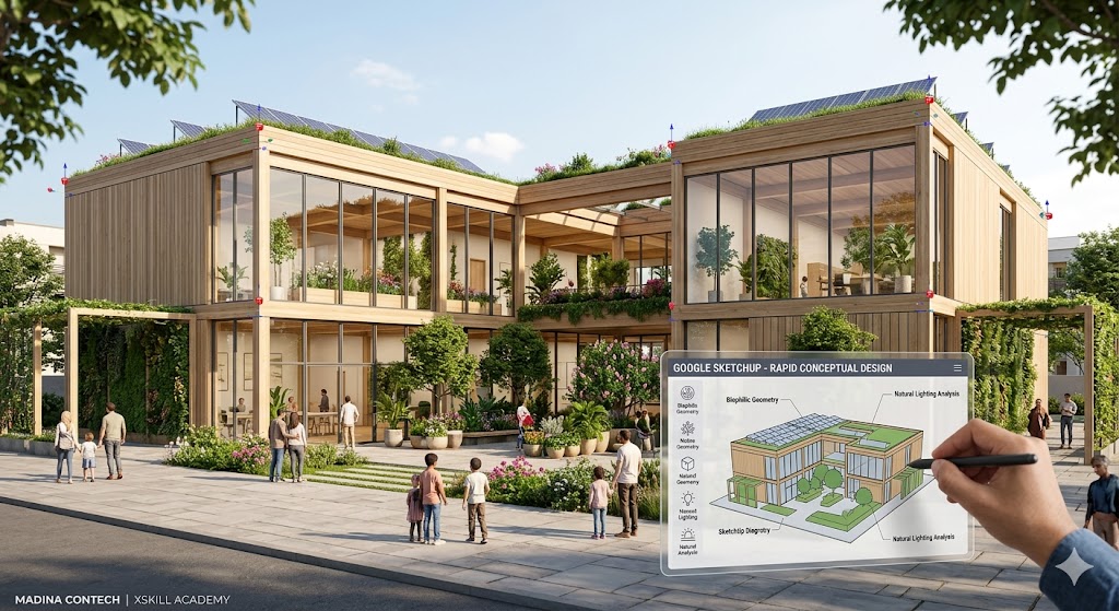 "A professional, photorealistic daytime rendering of a modern, biophilic community center, conceptualized and modeled in Google SketchUp by Madina Construction Technologies. The visualization highlights large glass panels maximizing natural light, integrated green walls, rooftop gardens, and natural wood cladding, making complex design concepts accessible and appealing to non-technical clients."