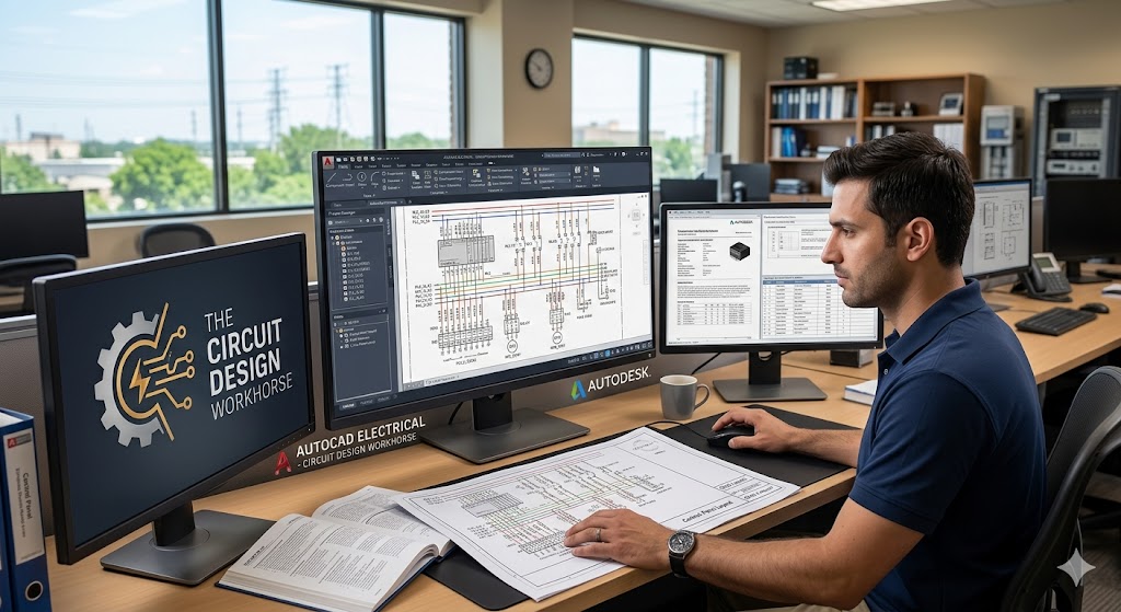 "Professional electrical engineer at a workstation reviewing complex circuit design schematics in AutoCAD Electrical software, with technical reference manuals and printed ladder diagrams on the desk, emphasizing the role of CAD as an industrial circuit design workhorse."