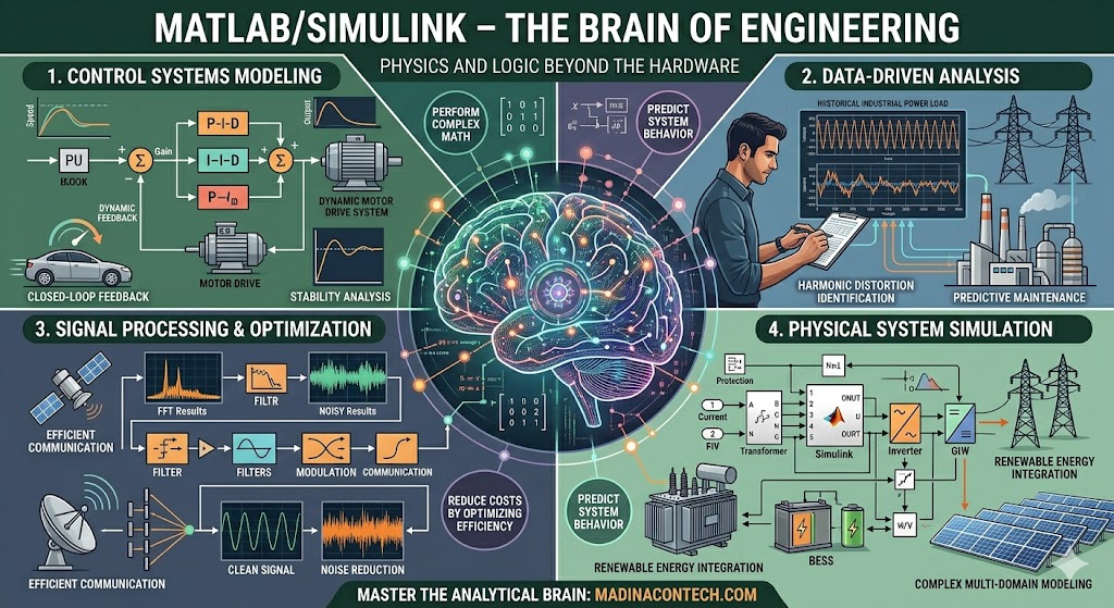 "Infographic titled 'MATLAB/SIMULINK – THE BRAIN OF ENGINEERING,' showcasing the software's role in performing physics and logic beyond hardware. The visual breaks down four core applications: 1. Control Systems Modeling (PID loops, motor drive stability), 2. Data-Driven Analysis (industrial power load trends and predictive maintenance), 3. Signal Processing & Optimization (FFT, noise reduction in communication), and 4. Physical System Simulation (renewable energy integration and BESS modeling). A central brain graphic connects these analytical functions, highlighting the ultimate engineering goal of predicting system behavior and reducing costs by optimizing electrical efficiency."