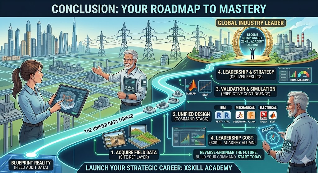 "A vertical infographic titled 'CONCLUSION: YOUR ROADMAP TO MASTERY.' The image is structured as an ascending, glowing pathway labeled 'THE UNIFIED DATA THREAD' that symbolizes professional growth. A recognizable veteran engineering strategist guides a smiling younger engineer along this path, which starts from 'BLUEPRINT REALITY (FIELD AUDIT DATA)' and moves through tiered competencies: 1. ACQUIRE FIELD DATA, 2. UNIFIED DESIGN (COMMAND STACK, listing BIM, Mechanical, and Electrical tools), 3. VALIDATION & SIMULATION (predictive contingency), and 4. LEADERSHIP & STRATEGY (DELIVER RESULTS). The pathway culminates at an illuminated portal labeled 'GLOBAL INDUSTRY LEADER.' The overall visualization illustrates the integration of site audits, technical software proficiency, and financial literacy, branded as the ultimate roadmap for the Xskill Academy."