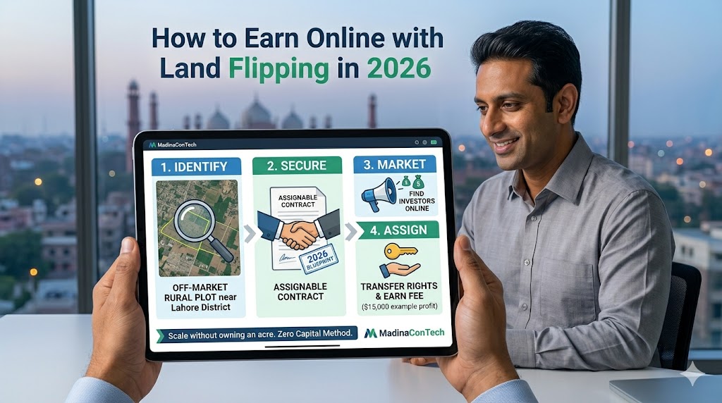 Zero-capital blueprint infographic: four steps to flip land from laptop