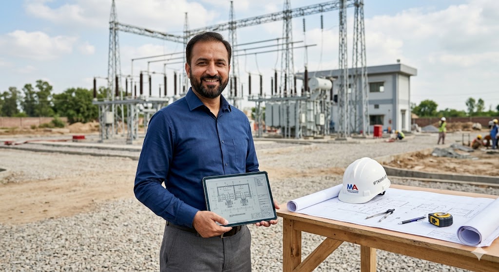 "Iftikhar Akram Dileri, Founder of Xskill Academy, standing confidently at an active 132kV grid station construction site in Lahore, holding a tablet with an AutoCAD drawing. A hard hat rests on a blueprint table with surveyor tools, blending professional authority with a human-centric approach."