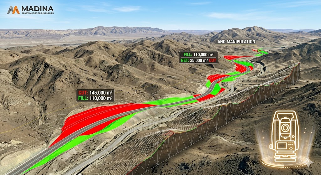 "An advanced Civil 3D visualization of an infrastructure project in the arid, mountainous terrain of Balochistan, showing a precise road corridor alignment cut through the topography. The model uses color-coding to visualize earthwork: bright red highlights excavation 'Cut' zones and bright green highlights soil 'Fill' zones, illustrating the cut-and-fill volume analysis. A digital surveyor’s level icon is subtly superimposed on the detailed engineering scene."