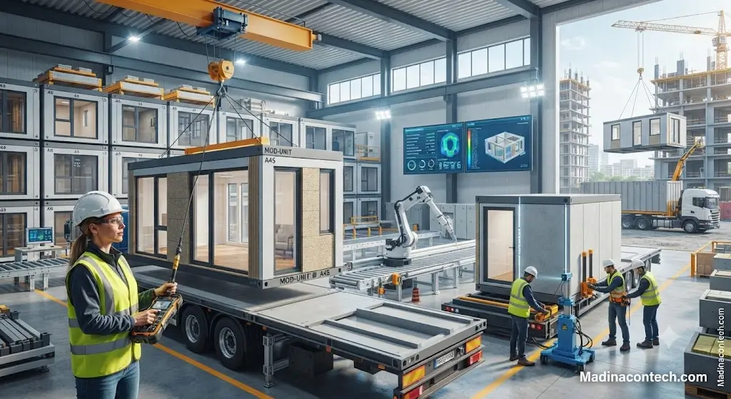 A technician operates an overhead crane to load a pre-built modular unit in an advanced prefabrication factory, with a robotic arm and digital displays in the background for Madinacontech.com.