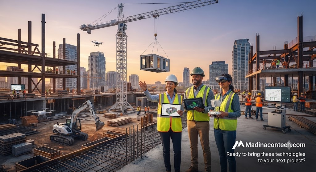 Three construction professionals with tech devices and a drone on an active jobsite, featuring a crane lifting a unit, for Madinacontech.com.