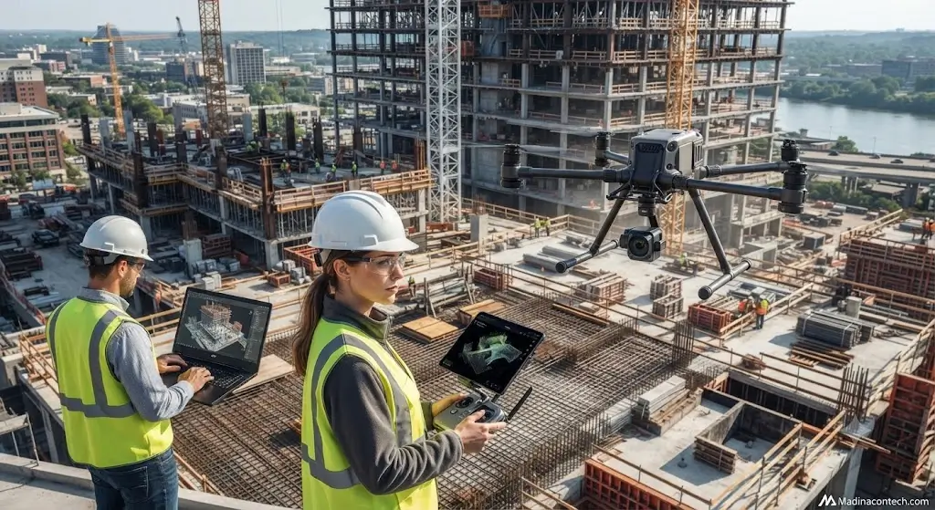 An elevated view of two construction engineers, a man and a woman, operating a professional surveying drone with a controller and a laptop on an active high-rise jobsite, with a large-scale structure under construction and the city skyline visible in the background, for Madinacontech.com.