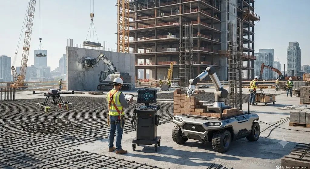 An active high-rise construction site featuring a construction worker operating an autonomous bricklaying robotic rover via a tablet, alongside an aerial surveying drone, demonstrating jobsite automation and robotics for Madinacontech.com.
