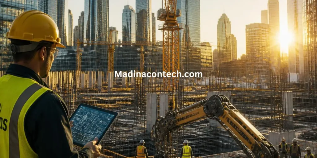 Three construction professionals with tech devices and a drone on an active jobsite, featuring a crane lifting a unit, for Madinacontech.com.